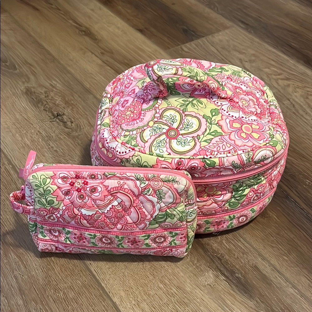 Vera Bradley Floral Pink and Green Cosmetic Bag Set